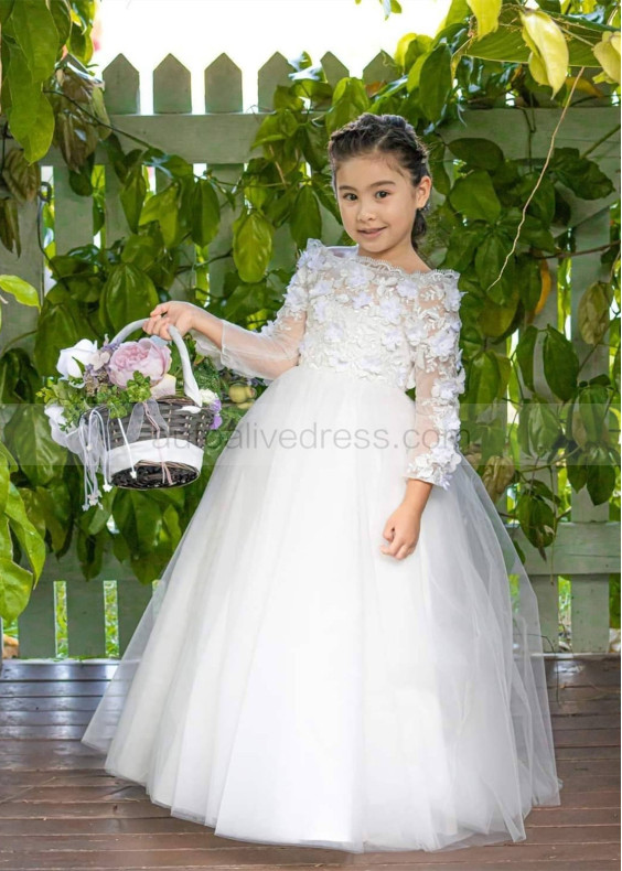 Off Shoulder White 3D Flowers Appliques Flower Girl Dress